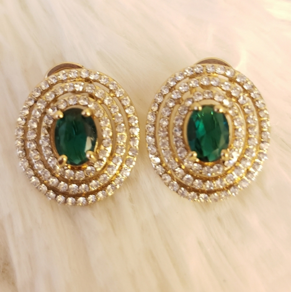 Round Emerald Green and White CZ Earrings - Picture 2 of 6